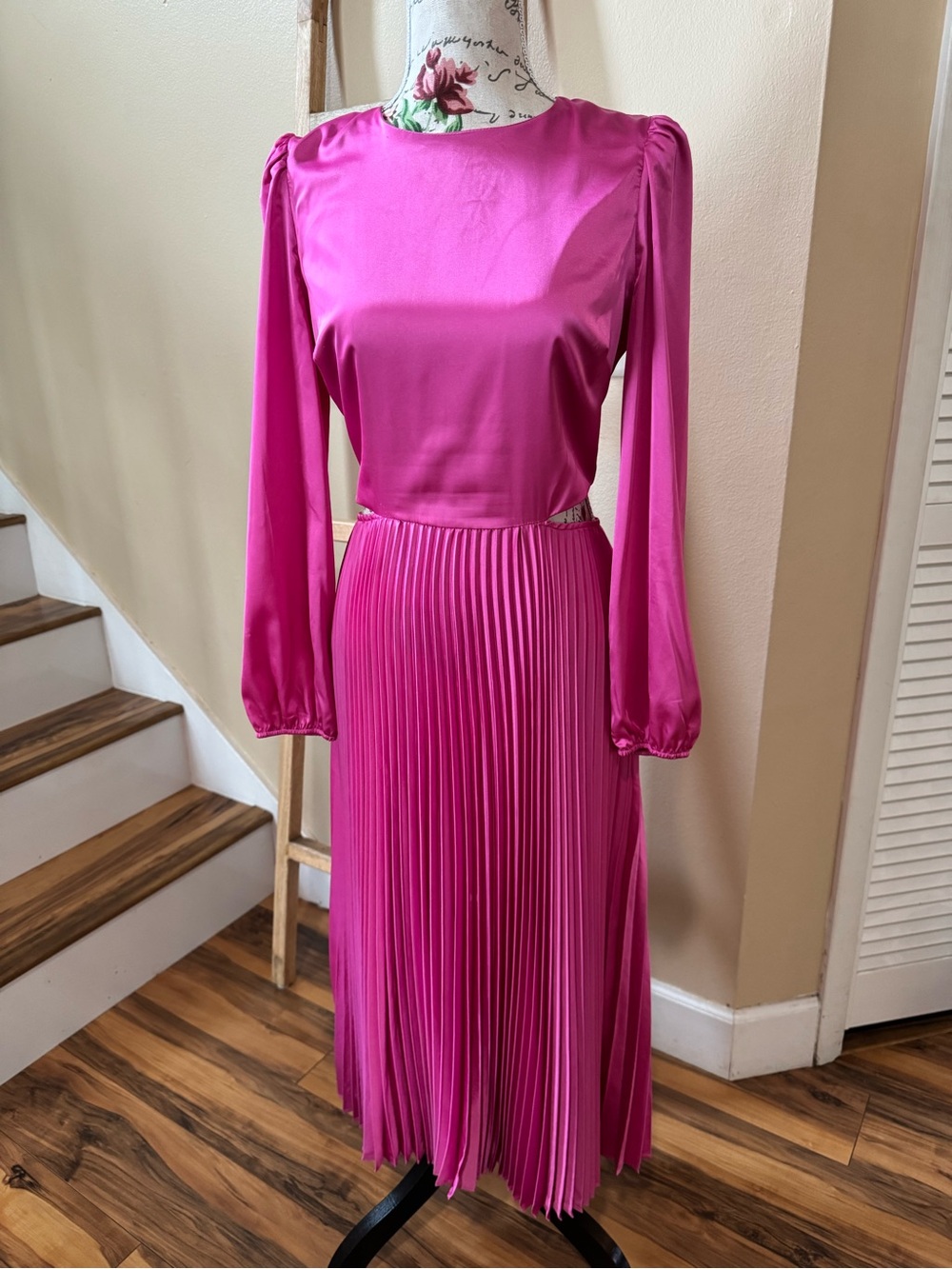 Adelyn Rae Hot Pink Satin Pleated Midi Dress